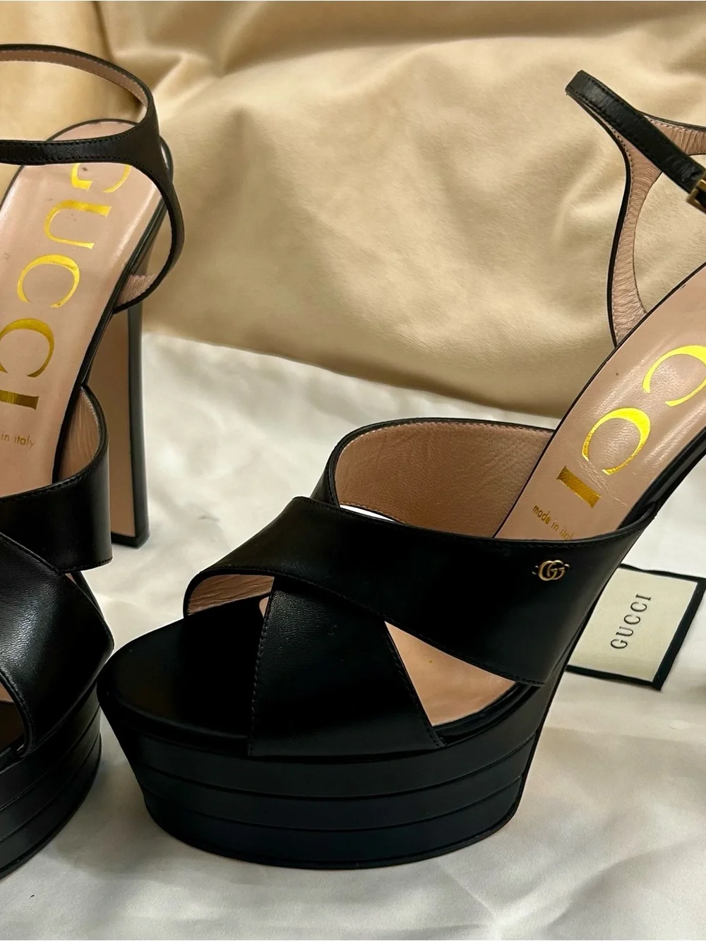 Gucci Black Leather Platform Sandals with Ankle Strap